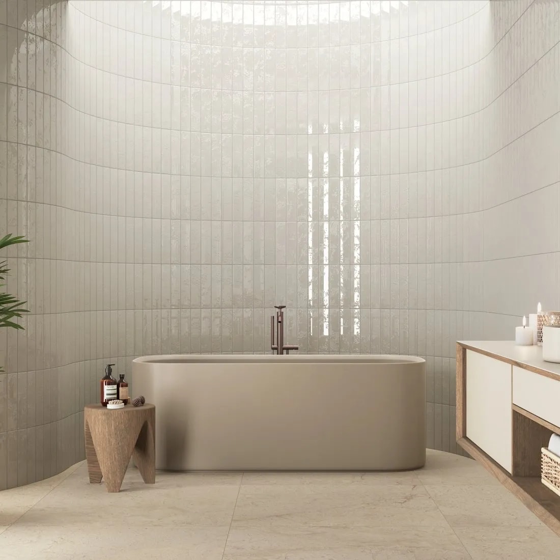 Baño curvo con porcelanato gris vertical