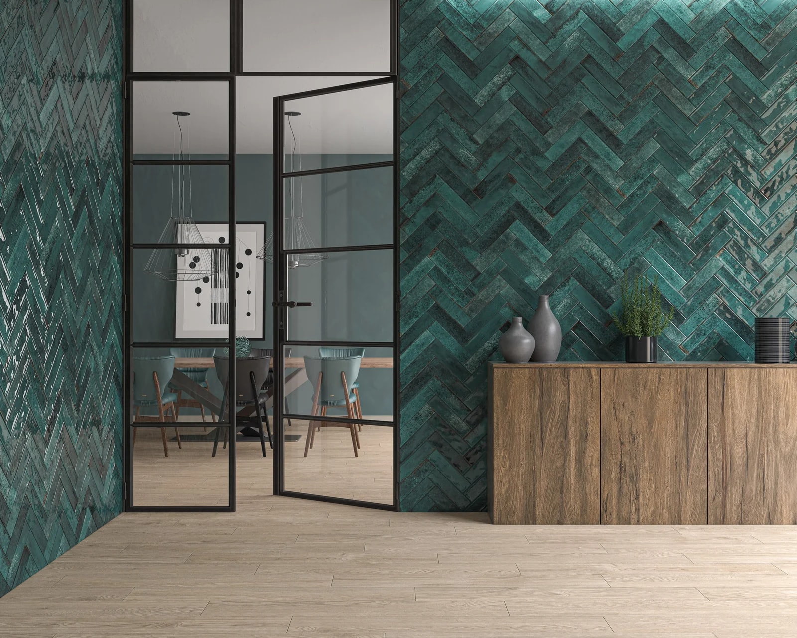 Pasillo con porcelanato verde en espiga
